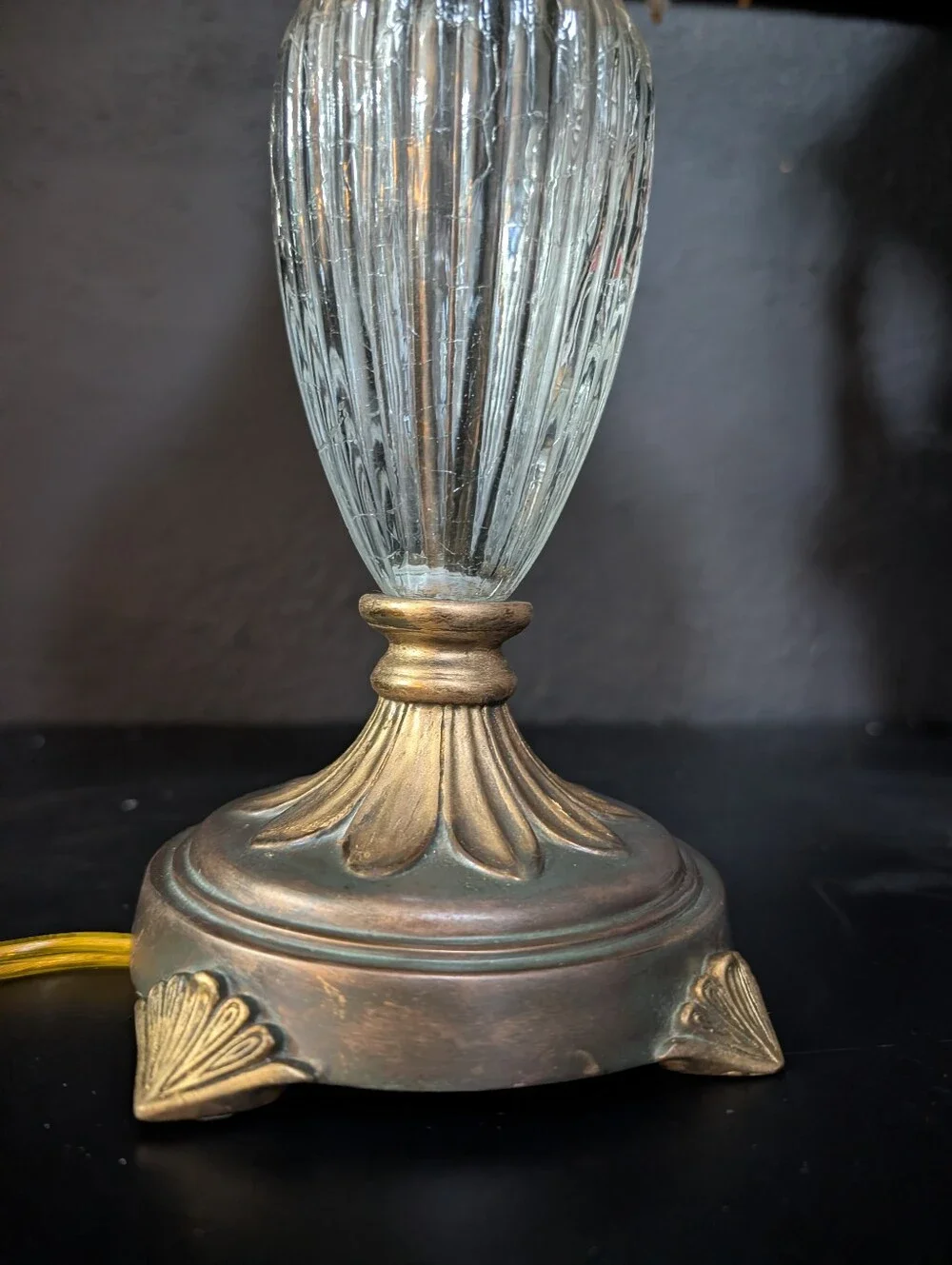 Vintage Small Hollywood Regency Ribbed Glass, Gold/Bronze Tone Accent Lamp